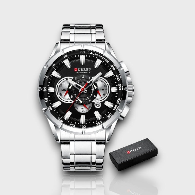 Men’s chronograph sport watch with stainless steel bracelet and bold dial