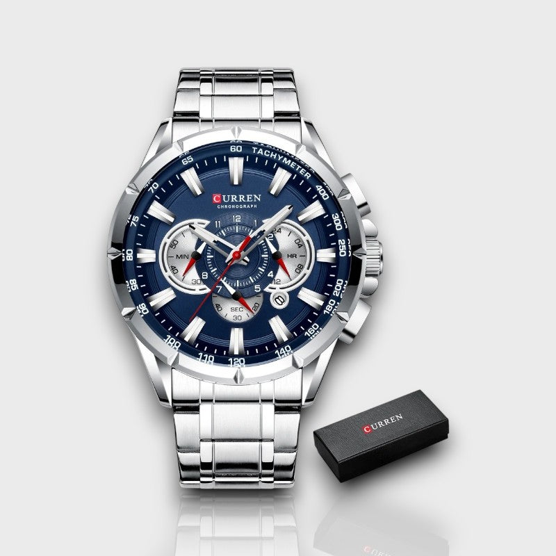 Luxury quartz chronograph watch with luminous hands and auto date