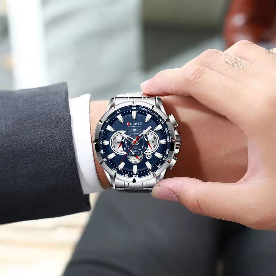 Durable stainless steel men’s watch with blue accent details