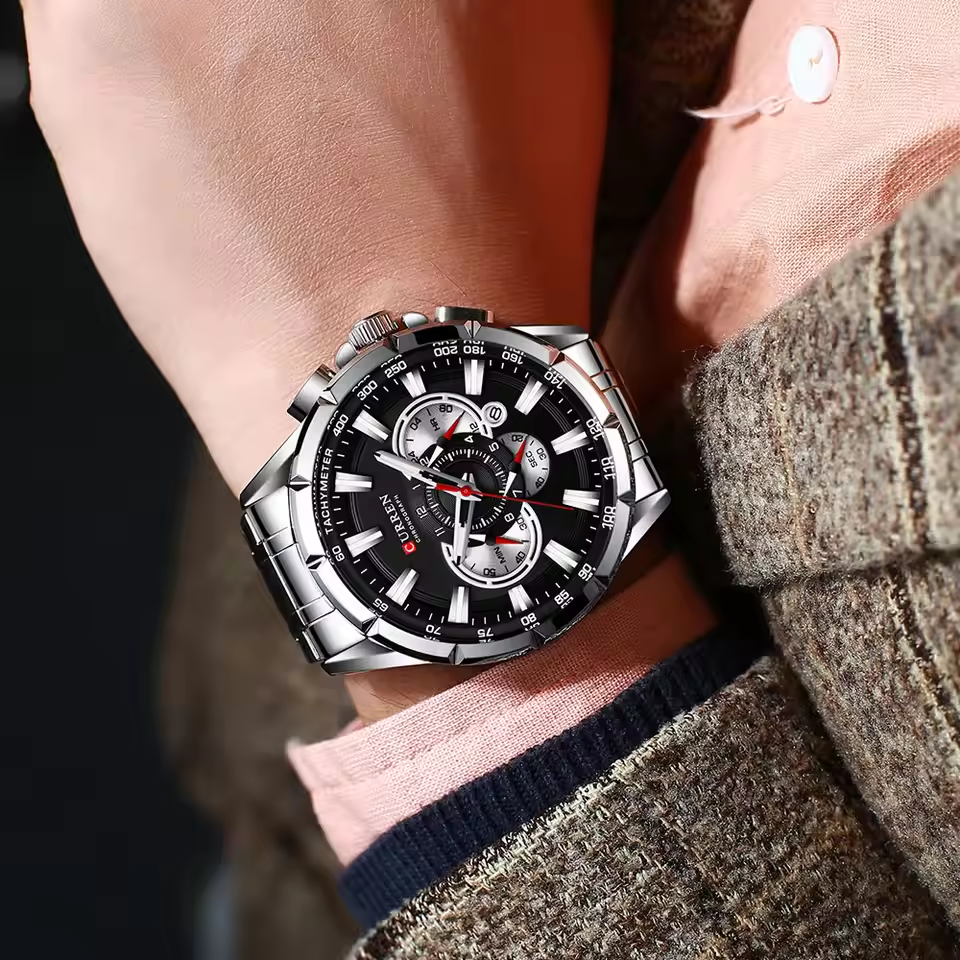 Stylish chronograph wristwatch displayed in premium gift box